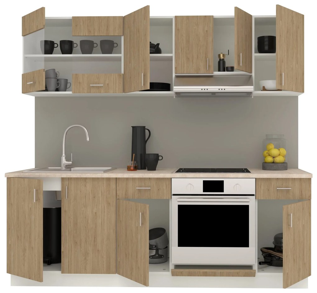 Set Bucatarie Karo V13, Lemn Natural/Alb, Blat Thermo 28 mm, L 220 cm