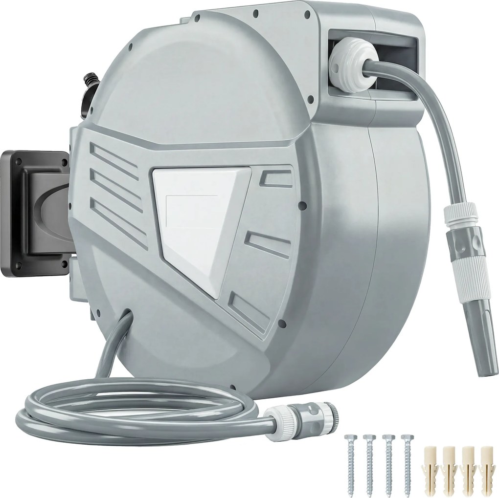 Outsunny Tambur Furtun pentru Udat Montat pe Perete 20+1,6m x Ø 15mm, Tambur Furtun Retractabil Automat Pivotant la 180°, Gri | Aosom Romania