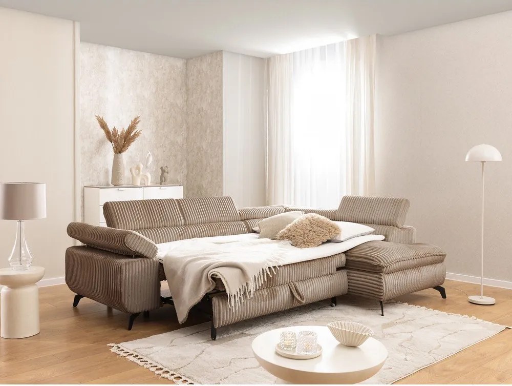 Colțar maro cu tapițerie din catifea reiată (cu colț pe partea dreaptă/în formă de ”L”) Marbeya – Ropez