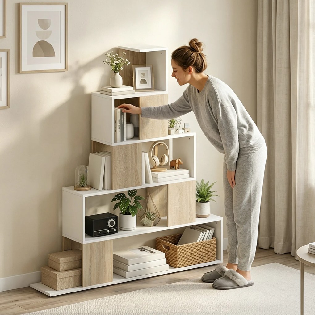HOMCOM Bibliotecă cu 5 Rafturi Tip Trepte, Alb și Lemn Natural | Aosom Romania