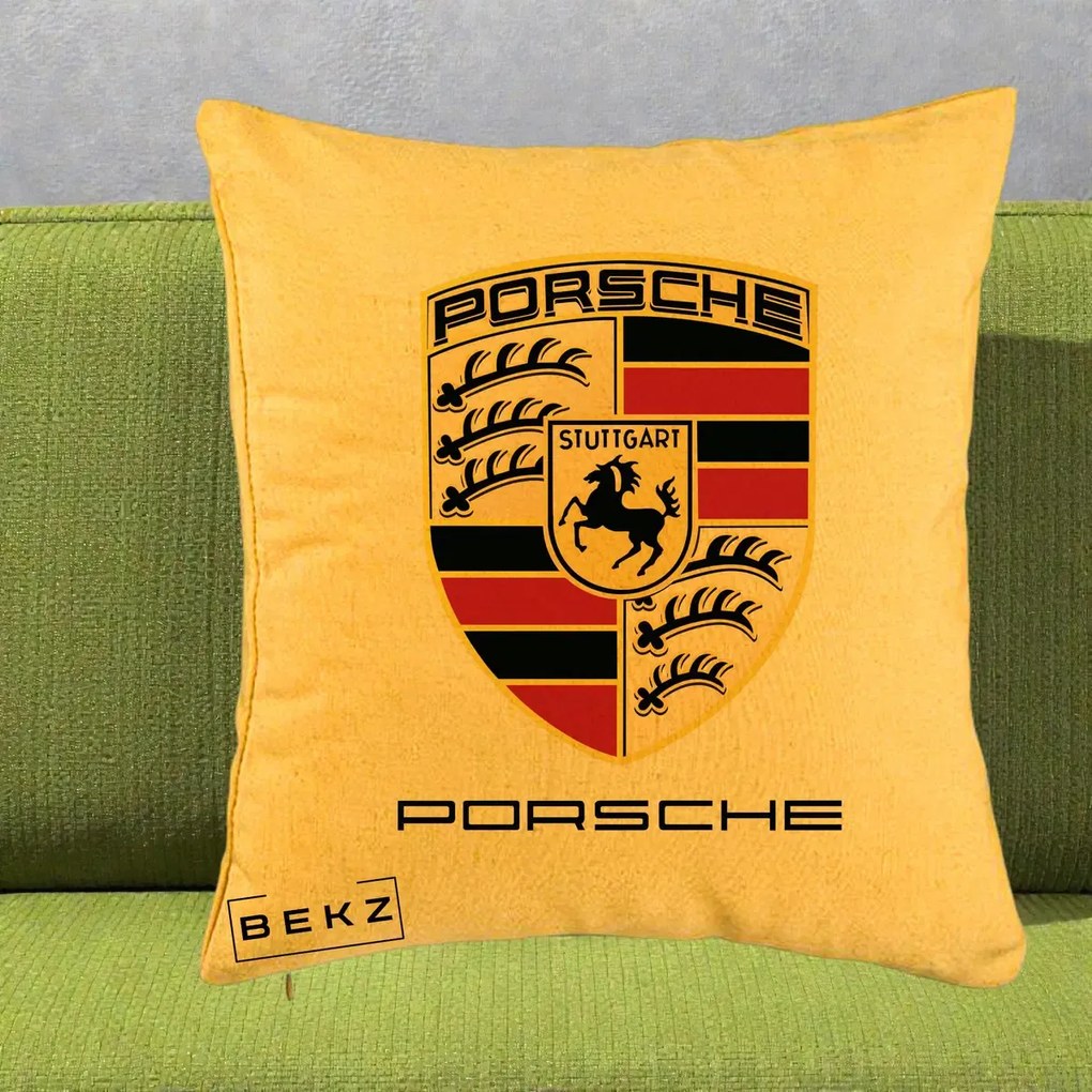 Perna Personalizata Porsche Stuttgart, 40x40 cm, Galben, Husa Detasabila, Perna Inclusa, BEKZ®