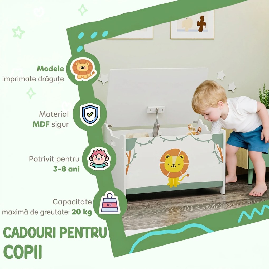 AIYAPLAY Cutie pentru Jucării cu Capac, Balamale de Siguranță și Mânere Adâncite, Organizator pentru Depozitarea Jucăriilor pentru Copii, Camera de Zi, Camera de Joacă, Verde | Aosom Romania