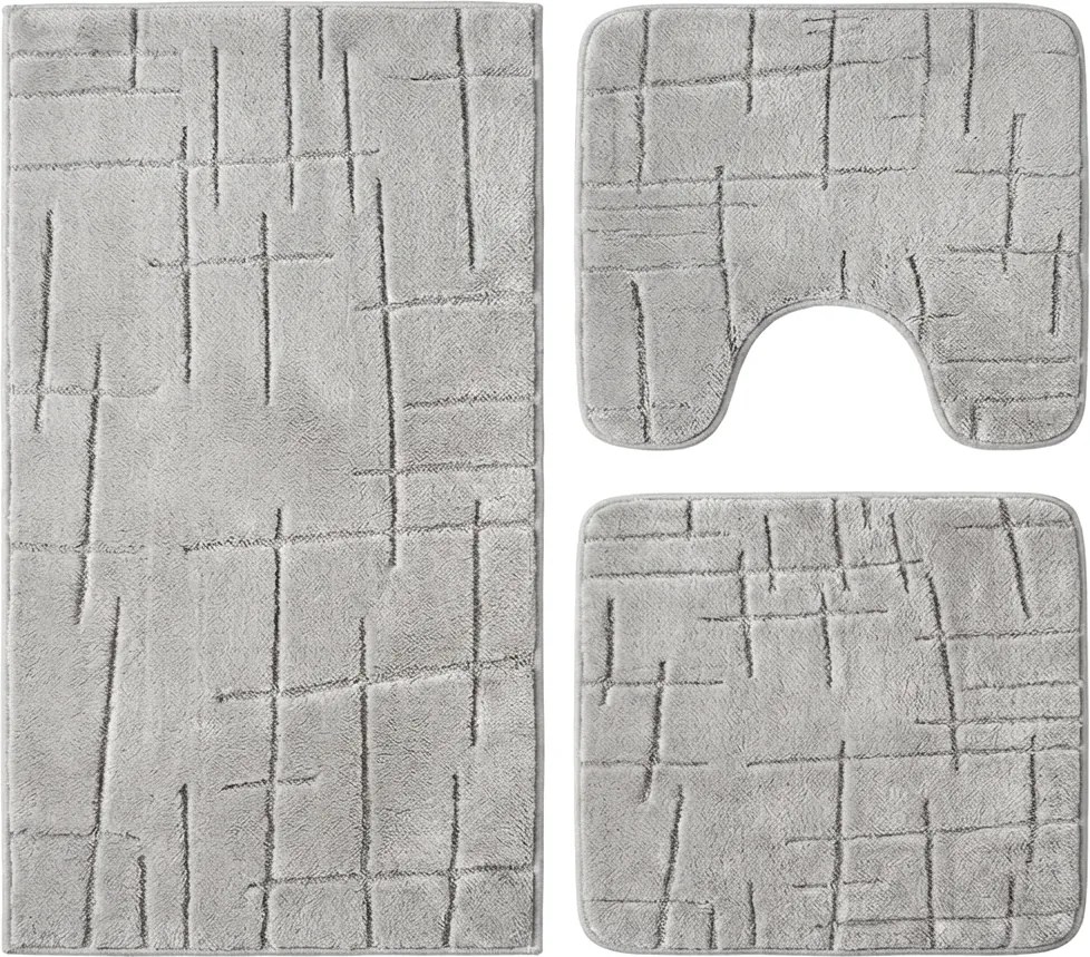 Set covoare baie antiderapante, 3 piese, gri deschis, textura soft crestata