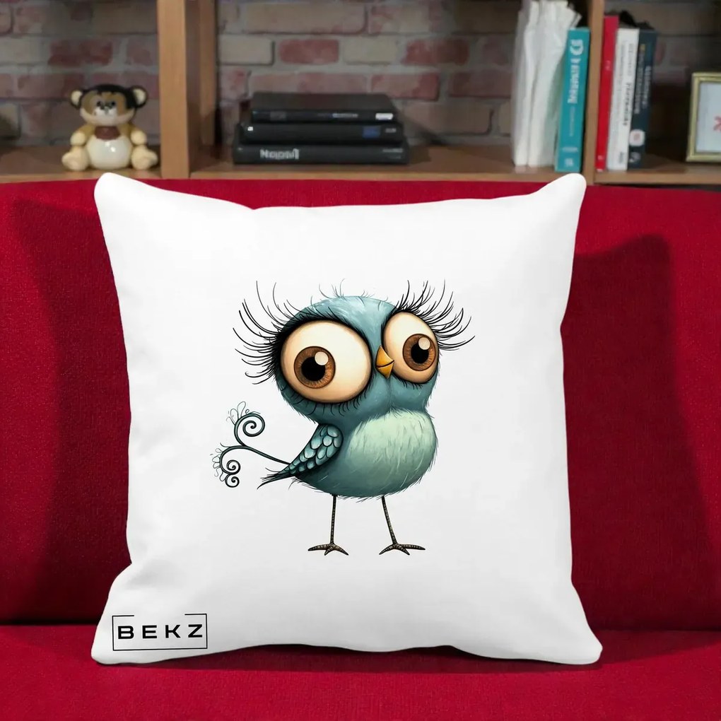 Perna Decorativa Pasare Teal cu Gene si Coada Spiralata, 40x40 cm, Alba Mata, Husa Detasabila, Perna Inclusa, BEKZ®