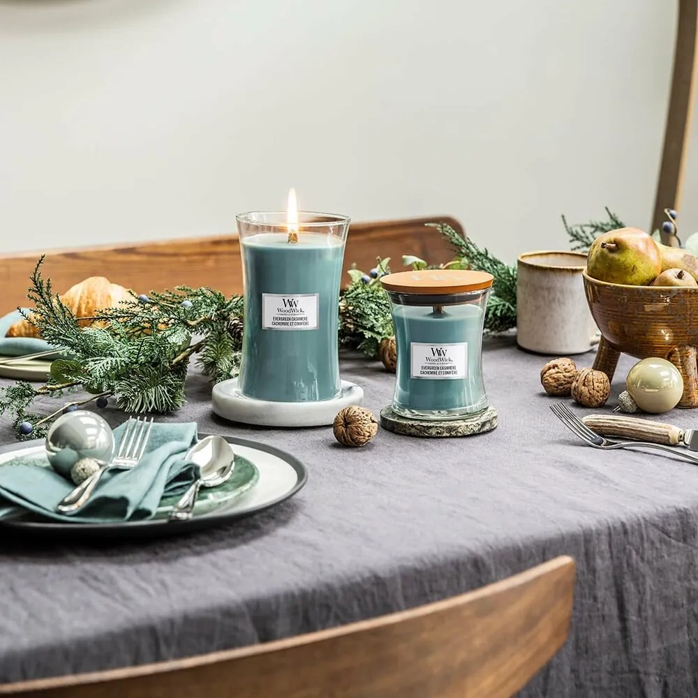 Lumânare parfumată vază mare WoodWick Evergreen Cashmere, 609 g