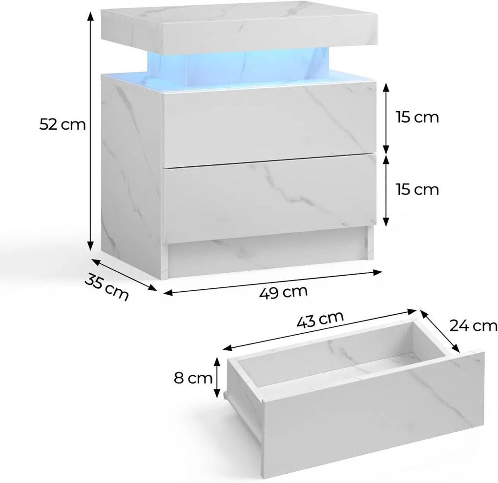 NOA241 - Set 2x Noptiere 49 cm, cu 2 sertare si LED, pentru dormitor - Alb imitatie Marmura