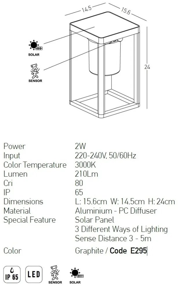 Aplica LED solara de exterior cu senzor de miscare IP65 Kori