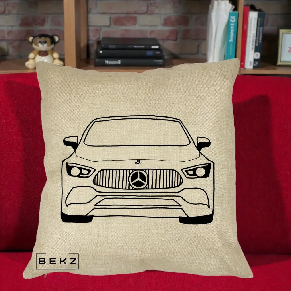 Perna Personalizata Mercedes-Benz Fata Linie, 40x40 cm, Crem, Husa Detasabila, Perna Inclusa, BEKZ®