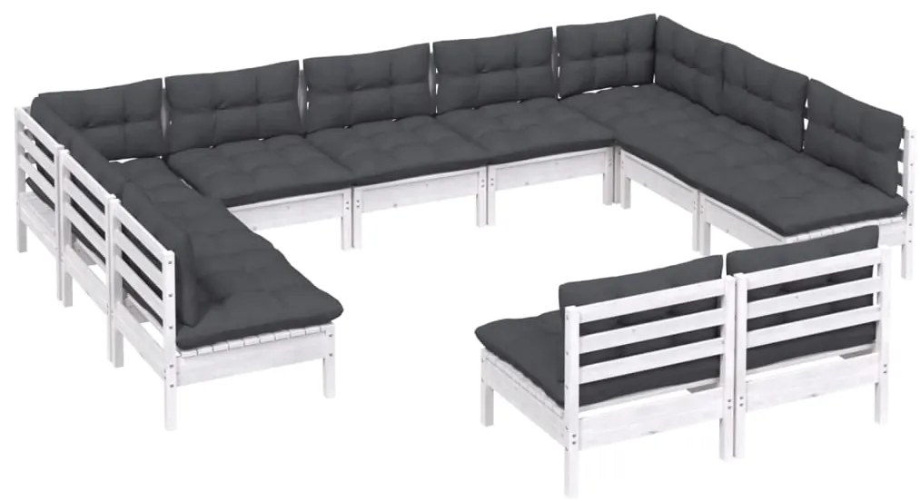 Set mobilier de gradina cu perne, 11 piese, alb lemn masiv pin Alb, 1