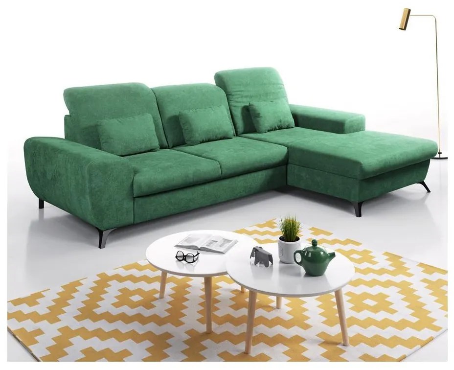 Colțar extensibil tapițat ALTA, cu șezlong pe partea dreaptă și spațiu de depozitare, formă L, verde