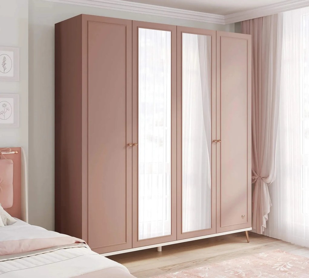Dulap Premium 4 Usi Elegance Roz-Crem cu Ventilatie si Sisteme Premium, 200x58x223 cm