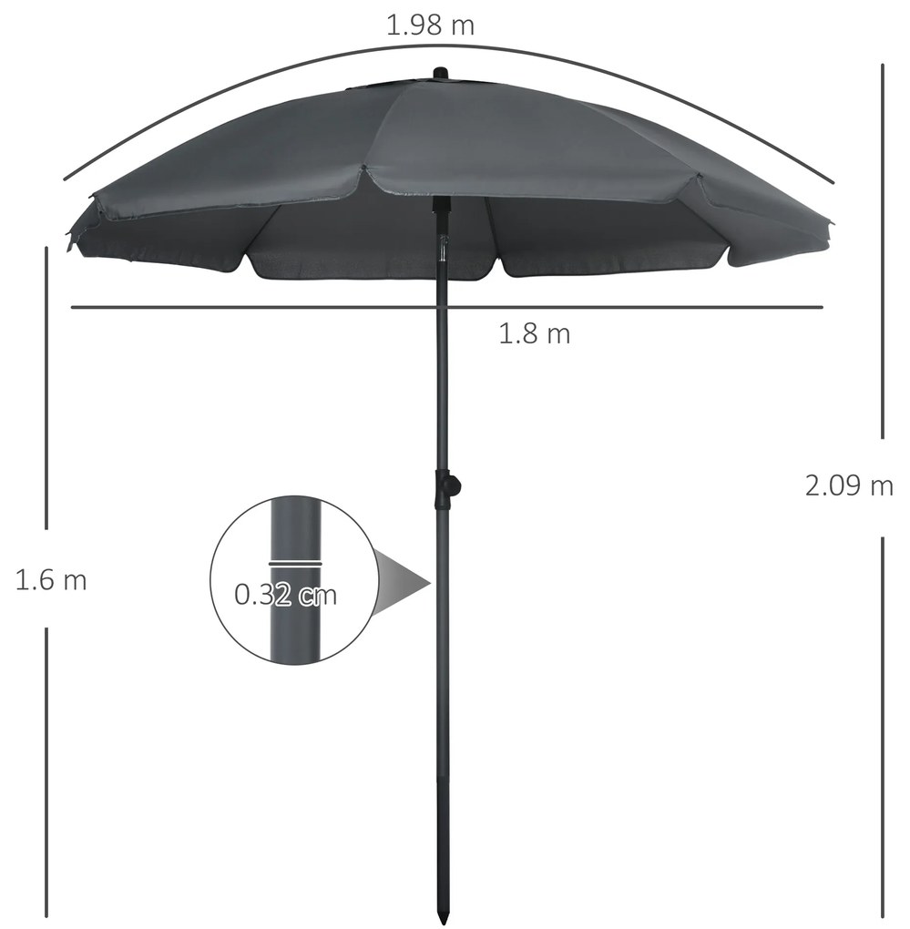 Outsunny Umbrelă de Plajă din Poliester/Oțel, 8 Nervuri, Tetieră Înclinabilă 45°, Gri | Aosom Romania