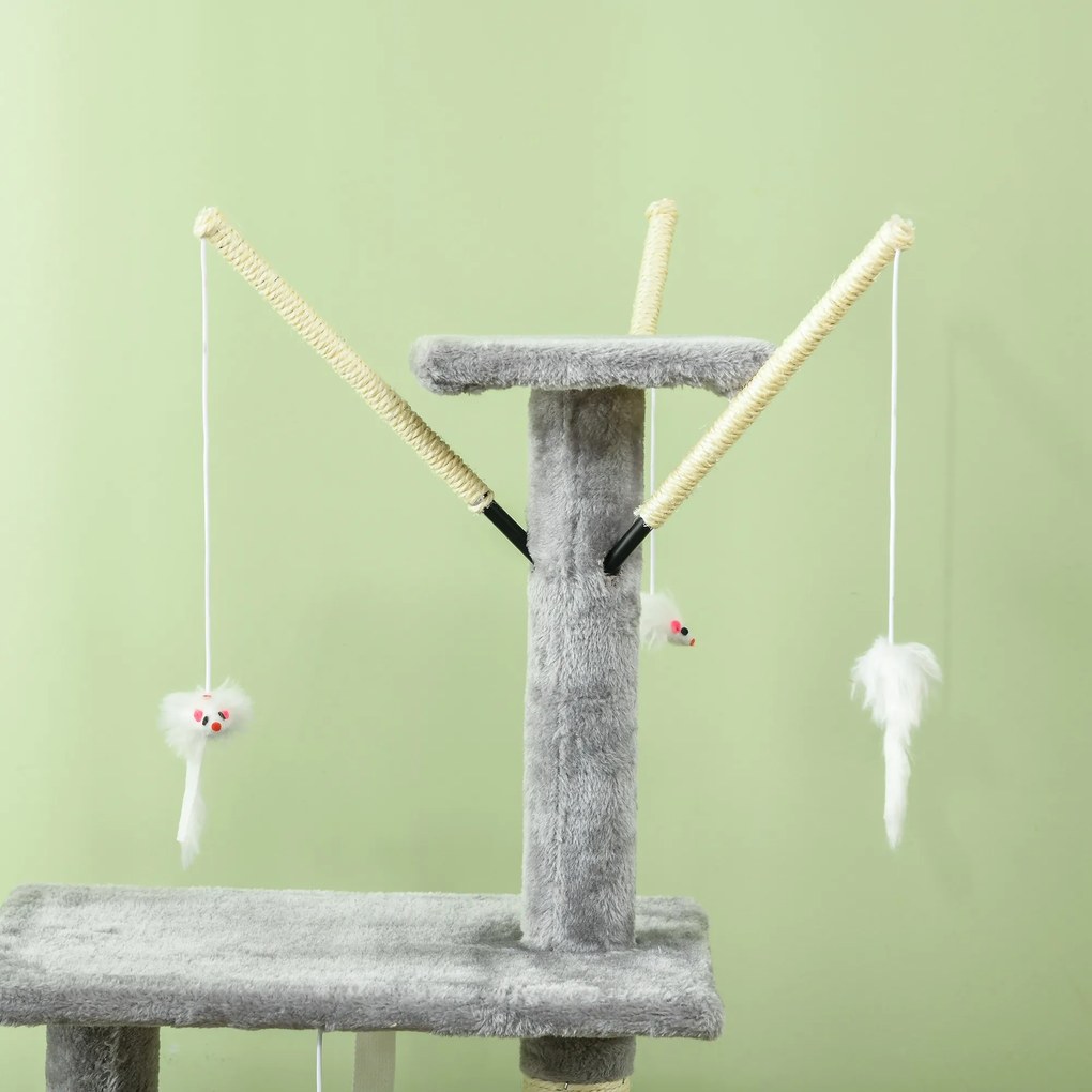 PawHut Turelă pentru pisici cu căsuță, stâlp de ascuțit gheare, platforme și 4 șoricei, din lemn, pluș și sisal, 50x35x134.2 cm, gri | Aosom Romania