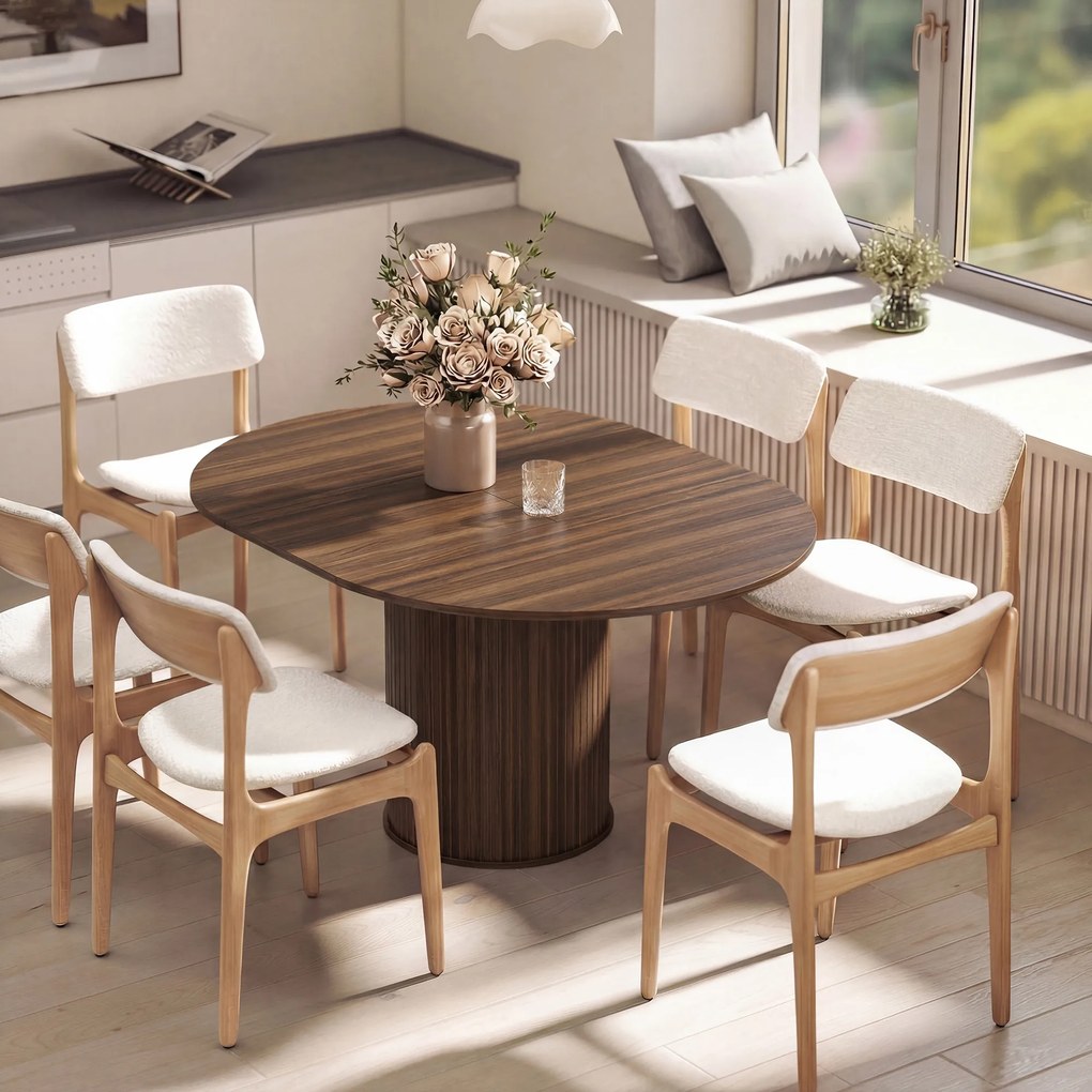 HOMCOM Masă Extensibilă pentru 6-8 Persoane, Rotundă/Ovală, cu Bază Tip Piedestal, din MDF și Oțel, Nuc Închis | Aosom Romania