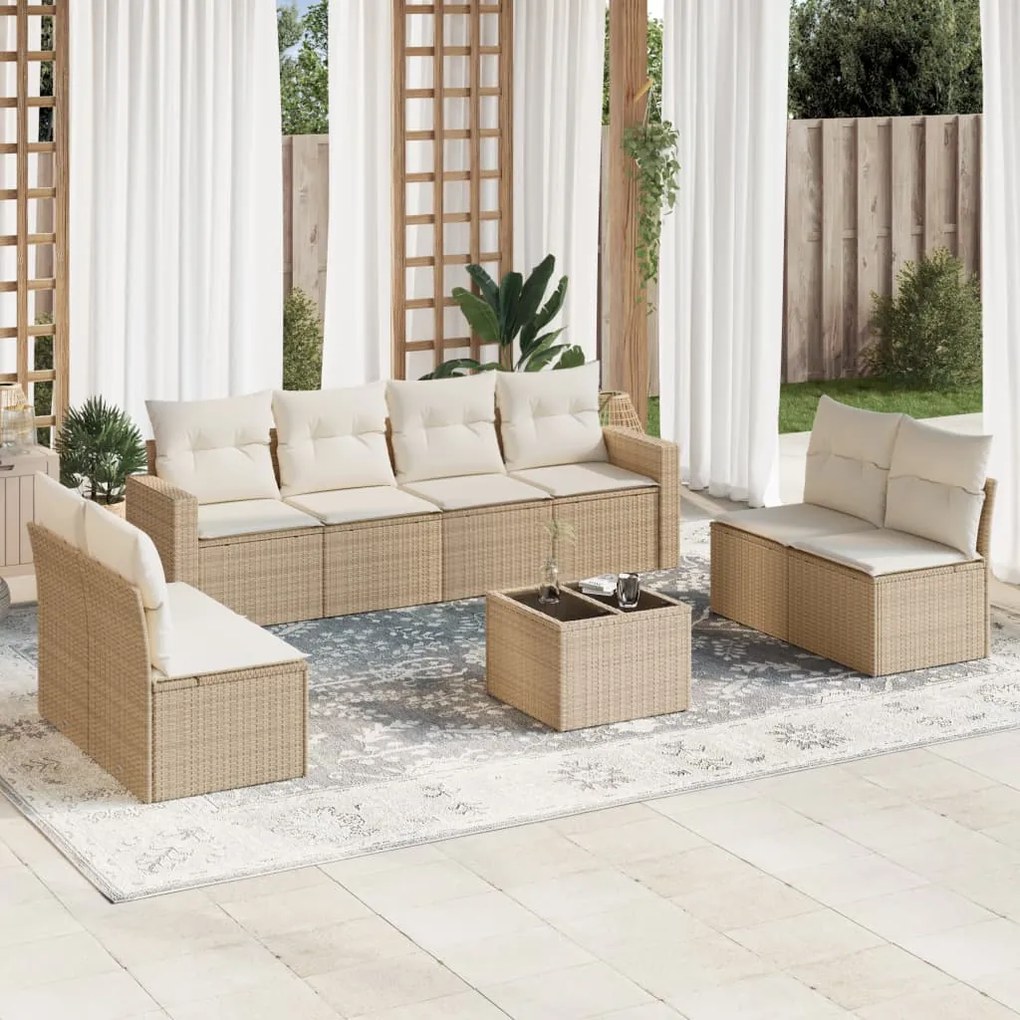 vidaXL Set canapele de grădină, 9 piese, cu perne, bej, poliratan
