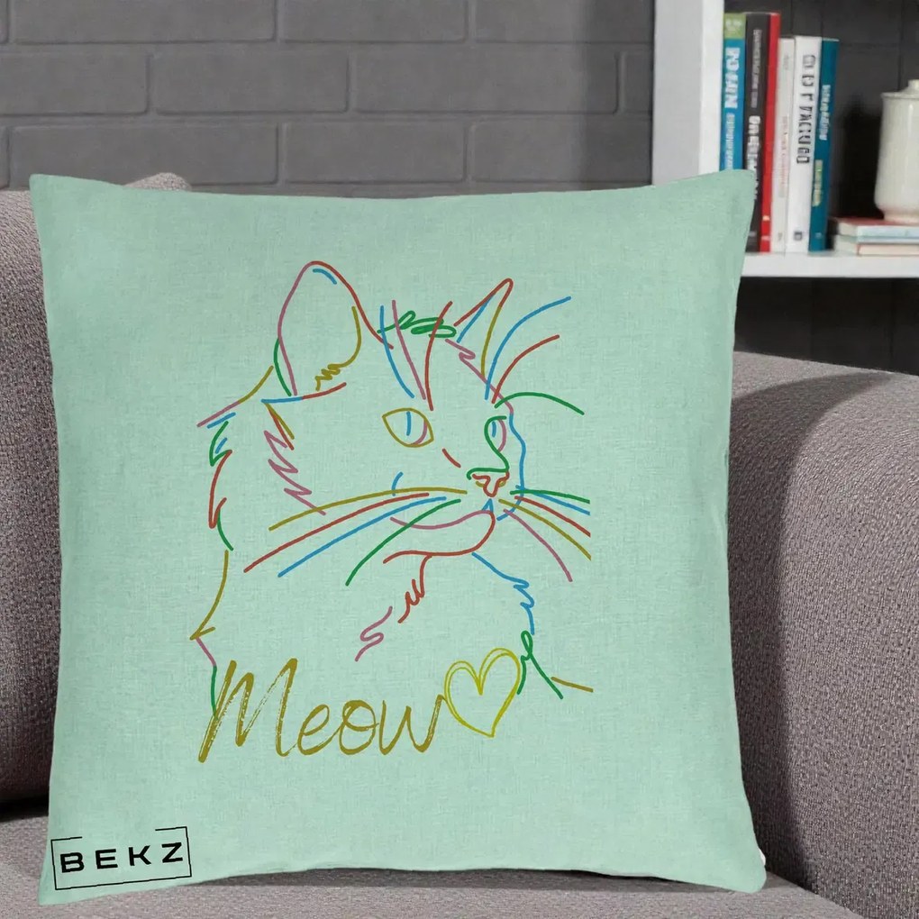 Perna Personalizata Pisica Meow Arta Linie Colorata, 40x40 cm, Verde Menta, Husa Detasabila, Perna Inclusa, BEKZ®