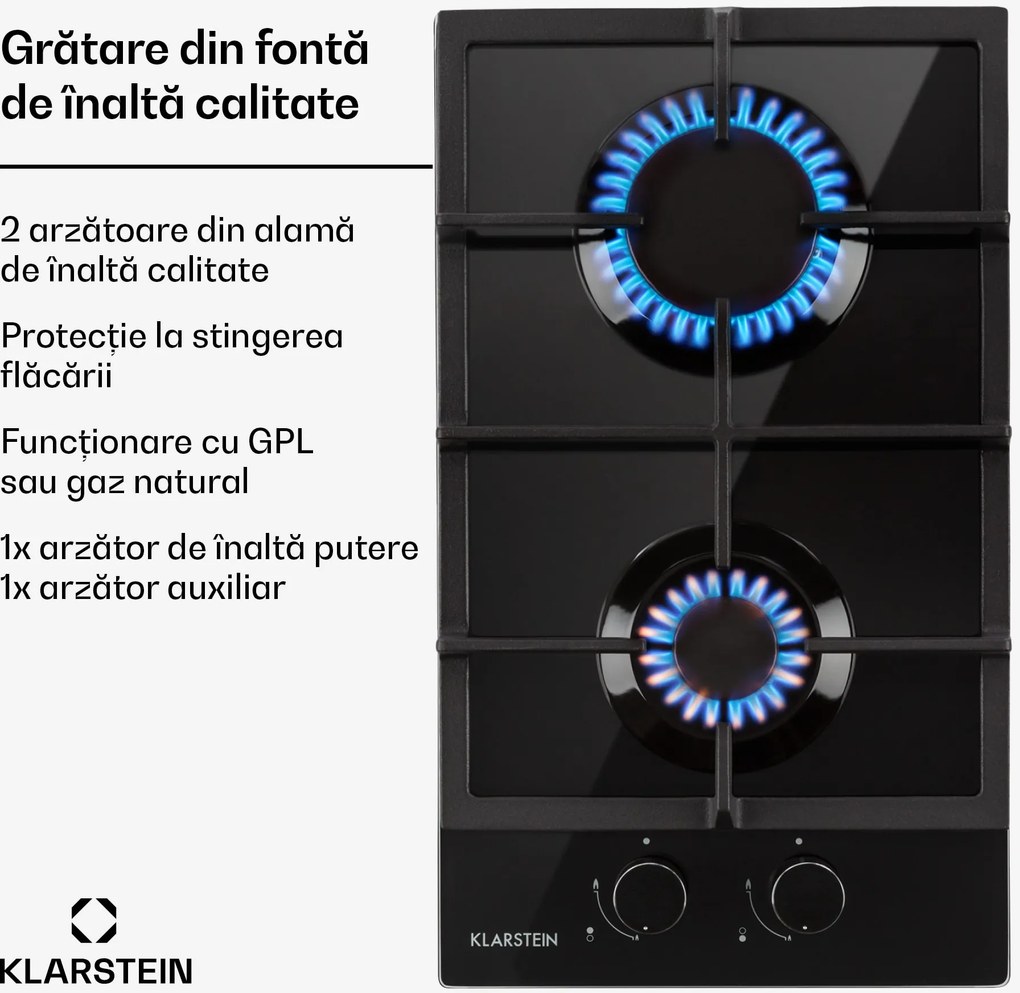 Klarstein Ignito Domino, plită de gaze, 2 arzătoare, arzător Sabaf, sticlă ceramică, negru
