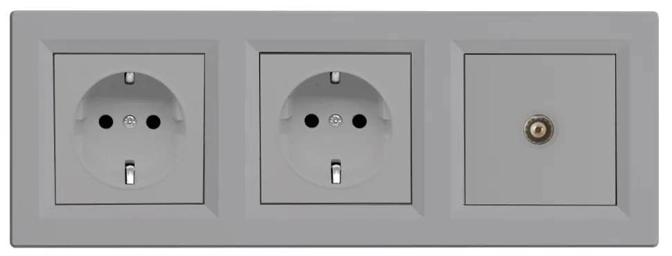 Priză Nova III cu două prize împământate, cu priză TV și cadru gri