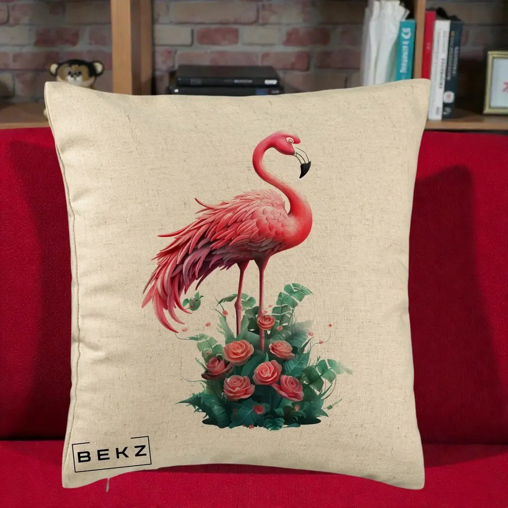 Perna Decorativa Flamingo cu Trandafiri Tropicali, 40x40 cm, Bej, Husa Detasabila, Perna Inclusa, BEKZ®