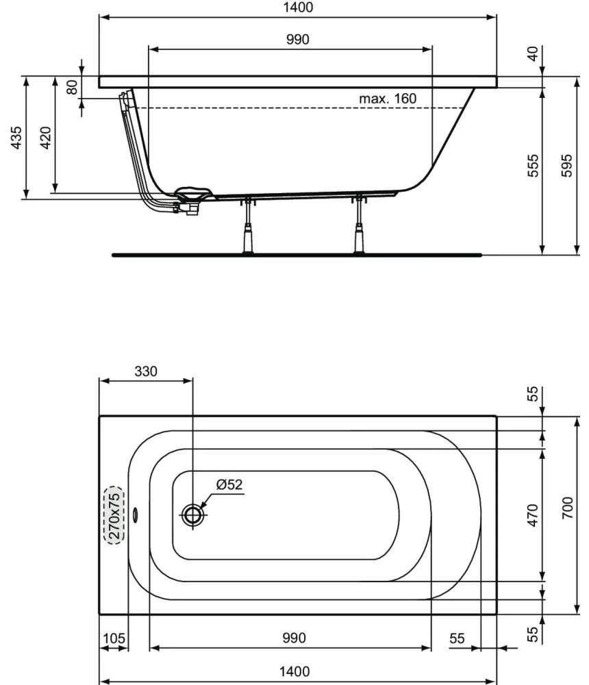 Cada baie incastrata Ideal Standard Simplicity, dreptunghiulara, 140x70 cm 1400x700 mm