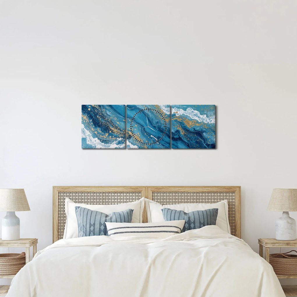 Tablou - Marmură bleu cu aur II. (cu ceas) (90x30 cm)