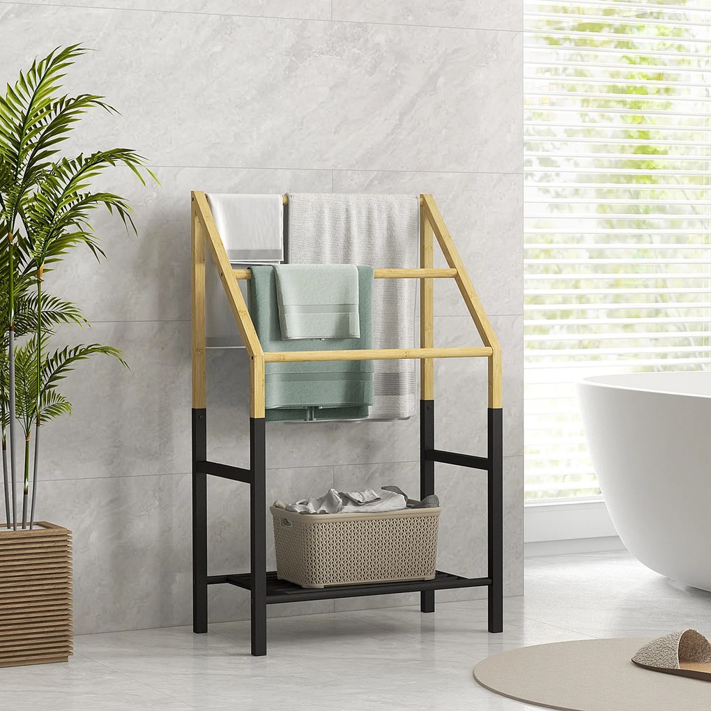 HOMCOM Suport de Podea pentru Prosoape cu 3 Bare și Raft Inferior pentru Obiecte, 51x31x85,5 cm, Negru | Aosom Romania