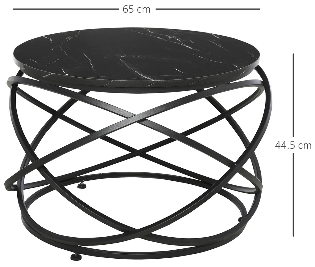 HOMCOM Masuta pentru Cafea Rotunda, Blat Efect Marmura, Cadru din Metal, Negru Φ65 x 44.5cm | Aosom Romania