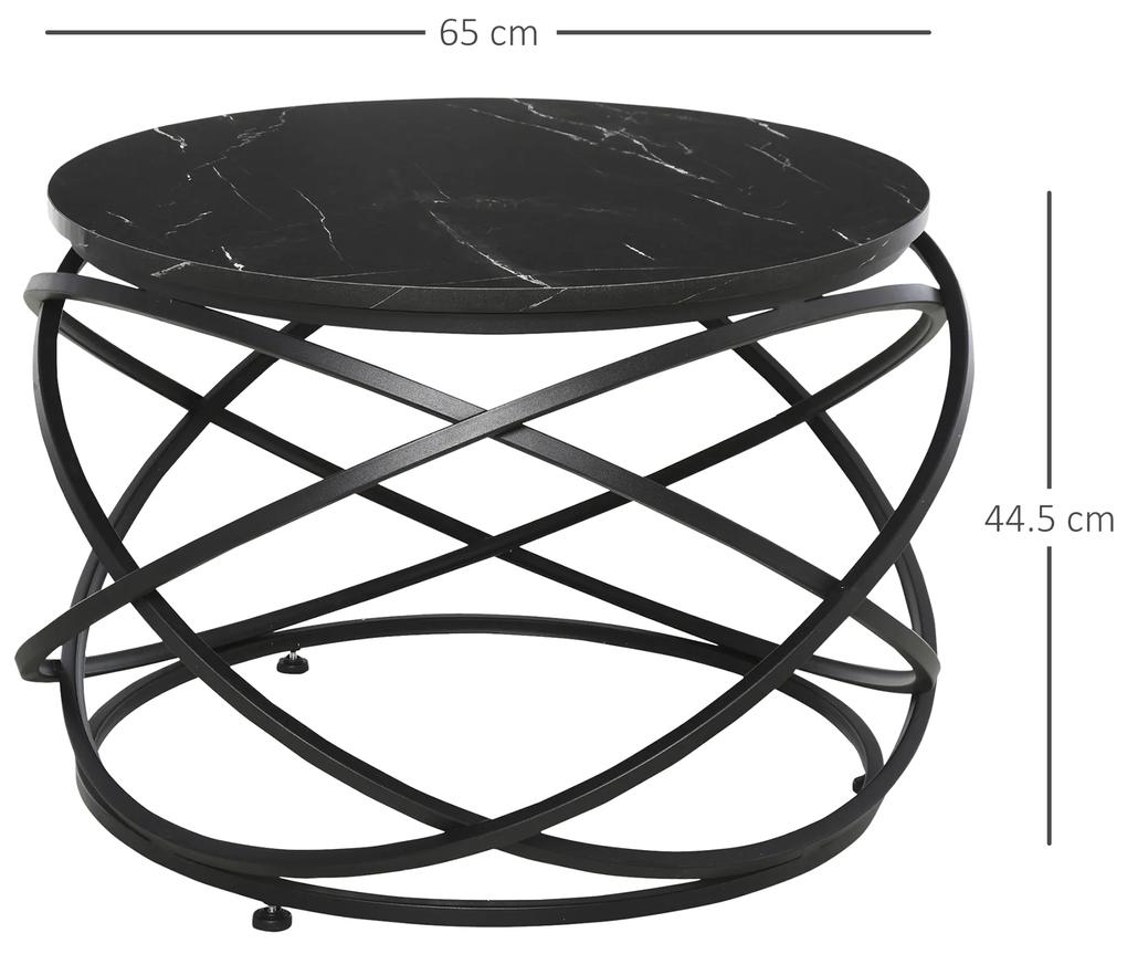 HOMCOM Masuta pentru Cafea Rotunda, Blat Efect Marmura, Cadru din Metal, Negru Φ65 x 44.5cm