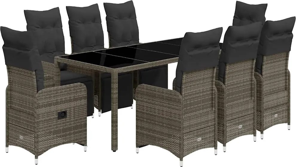 vidaXL Set bistro de grădină cu perne, 9 piese, gri, poliratan