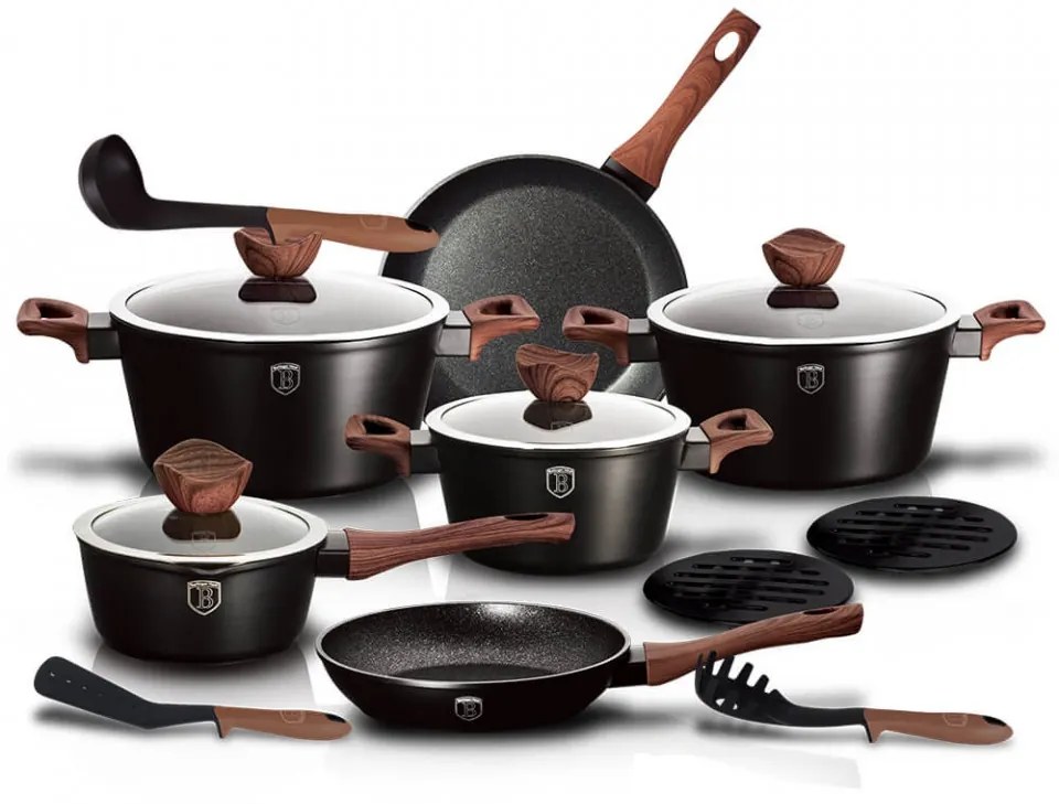 Set oale si tigai marmorate (15 piese) din aluminiu forjat Ebony Rosewood Collection Berlinger Haus BH 1537