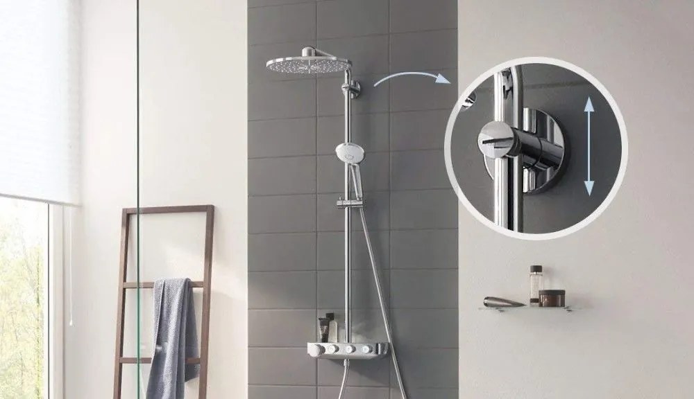 Coloana dus cu baterie si termostat Grohe Euphoria SmartControl 310 Cube Duo, alb crom