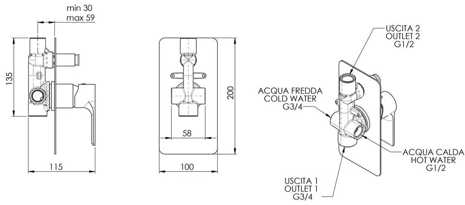 Baterie albă pentru duș încastrată (2 ieșiri) Pax – Sapho