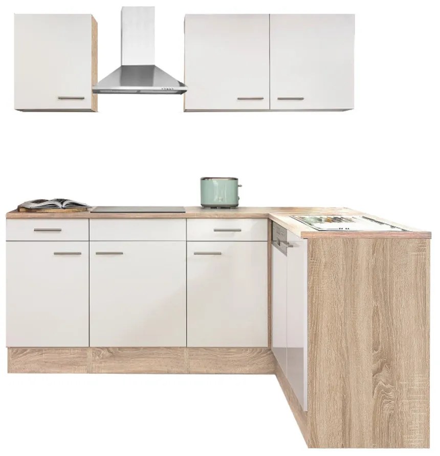 Mobilă de bucătărie de colț Yorki 220, corp din stejar Sonoma, cu față alb satinat