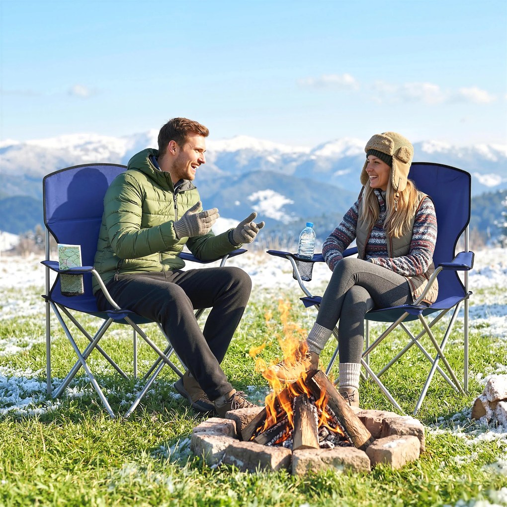 Outsunny Set de 2 scaune de camping pliabile cu suport pentru pahar, husă de transport, spătar înalt, 88x57x97cm, Albastru închis | Aosom Romania