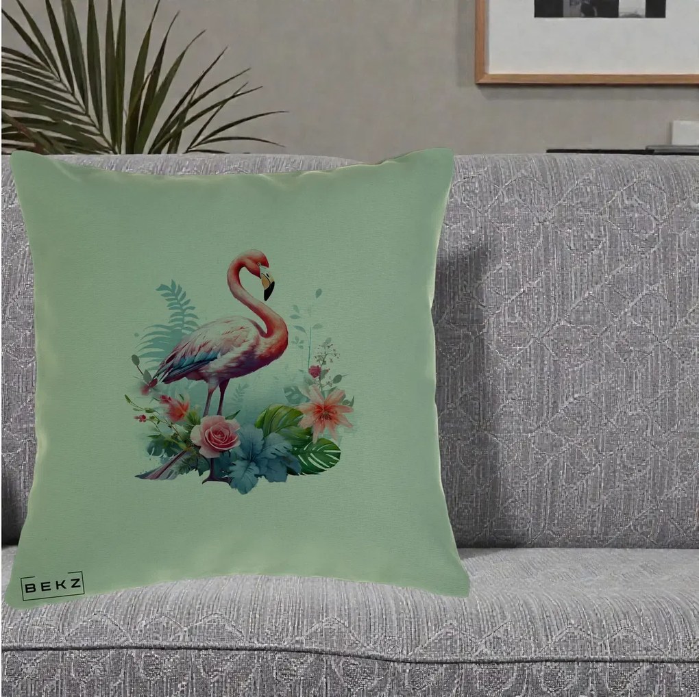 Perna Decorativa Flamingo cu Flori Tropicale Acuarela, 40x40 cm, Verde, Husa Detasabila, Perna Inclusa, BEKZ®