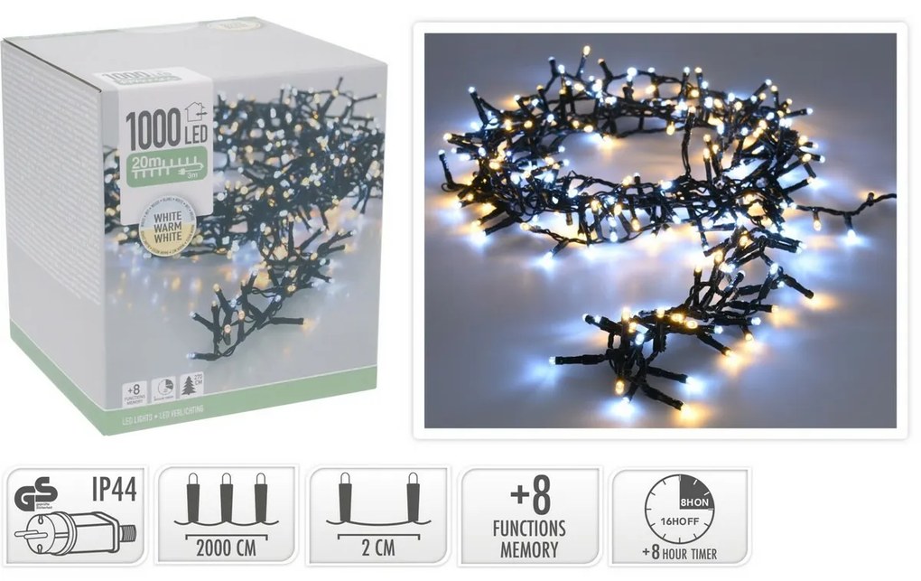 Lanț luminos exterior 20 m, 1000 LED, alb cald +alb, temporizator, IP44, 20 m