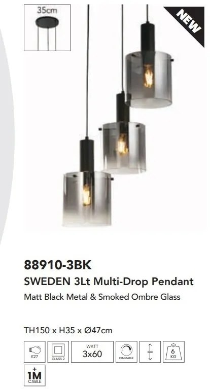 Lustra moderna cu 3 pendule Sweden negru, fumuriu