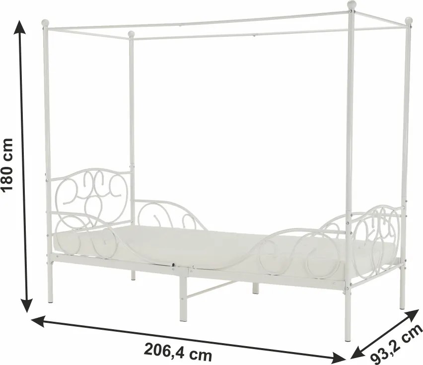 Pat metalic cu baldachin,  alb, 90x200, ADELISA