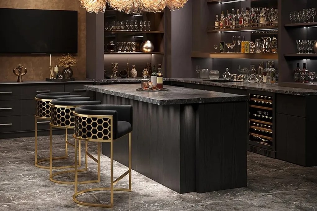 Scaun de bar ELEGANCE catifea neagra, otel inoxidabil auriu