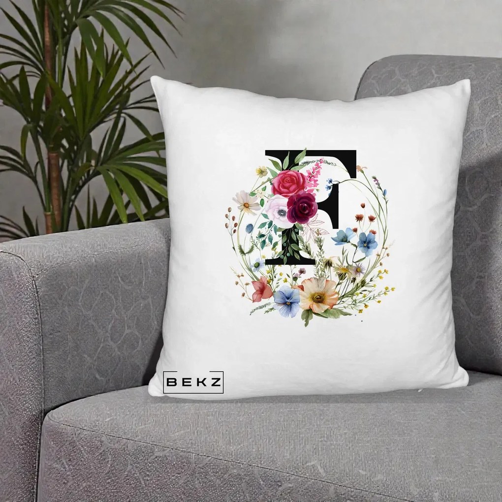 Cadou Personalizat - Perna Personalizata Monogram Litera F cu Flori Acuarela, 40x40 cm, Alb Pufos, Husa Detasabila, Perna Inclusa, BEKZ®