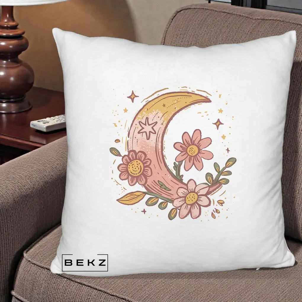 Perna Decorativa Luna Florala Boho, 40x40 cm, Alb Pufos, Husa Detasabila, Perna Inclusa, BEKZ®
