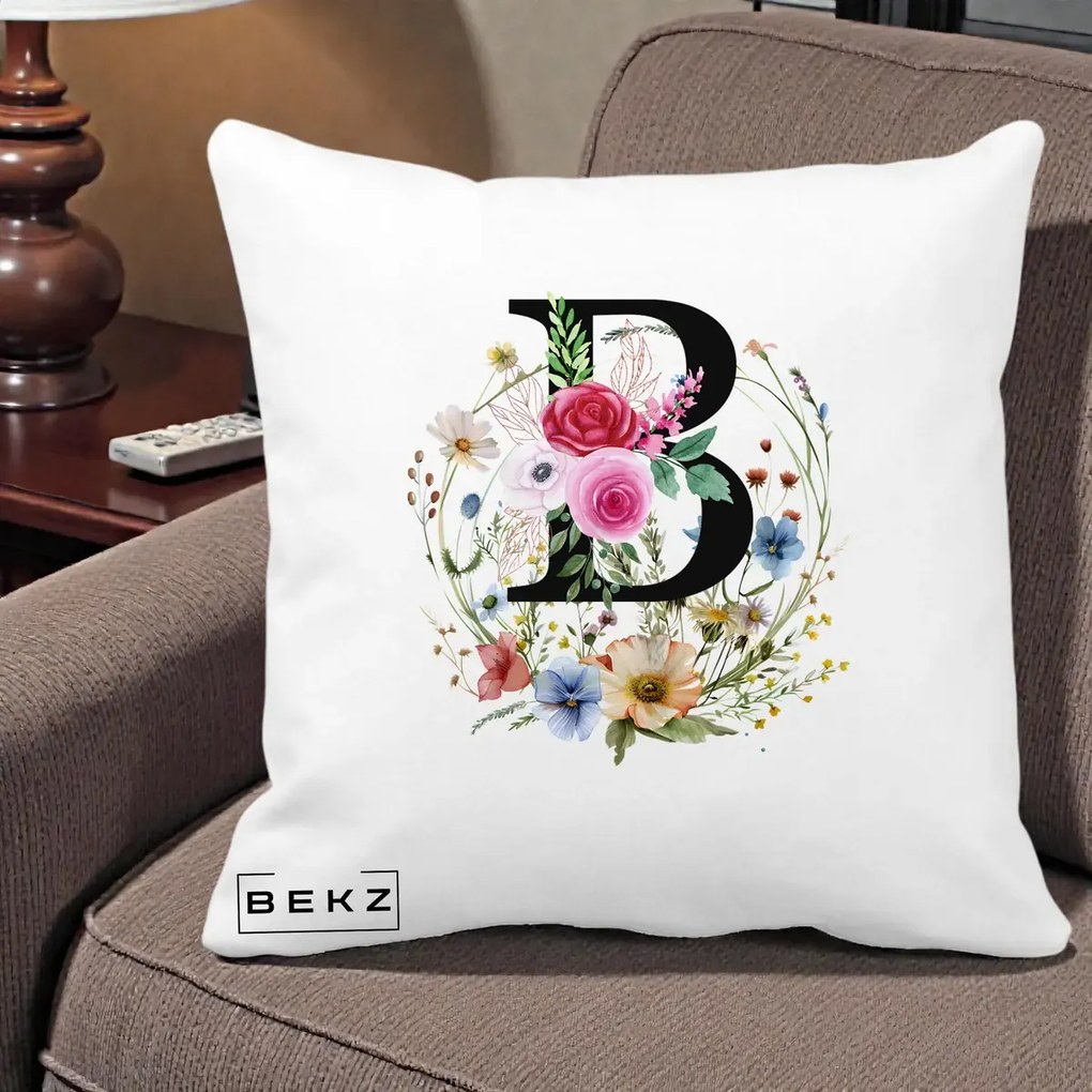 Cadou Personalizat - Perna Personalizata Monogram Litera B cu Flori Acuarela, 40x40 cm, Alba Mata, Husa Detasabila, Perna Inclusa, BEKZ®