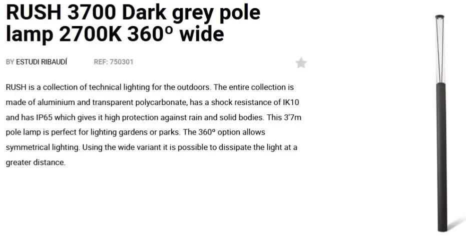 Stalp LED iluminat exterior simetric 360º wide IP65 RUSH 370cm 2700K