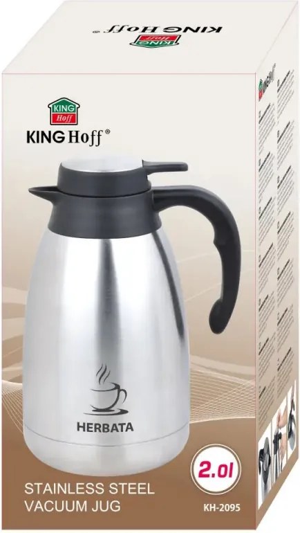 Cană termică de conferință pentru ceai Kinghoff KH 2095, 2 l, pereți dubli, corp din oțel inoxidabil, inox/negru