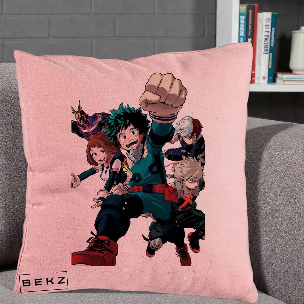 Perna Personalizata My Hero Academia Izuku Deku si Echipa, 40x40 cm, Roz, Husa Detasabila, Perna Inclusa, BEKZ®