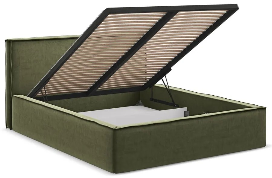 Pat matrimonial verde tapițat cu spațiu de depozitare cu somieră 160x200 cm Anani – Makamii