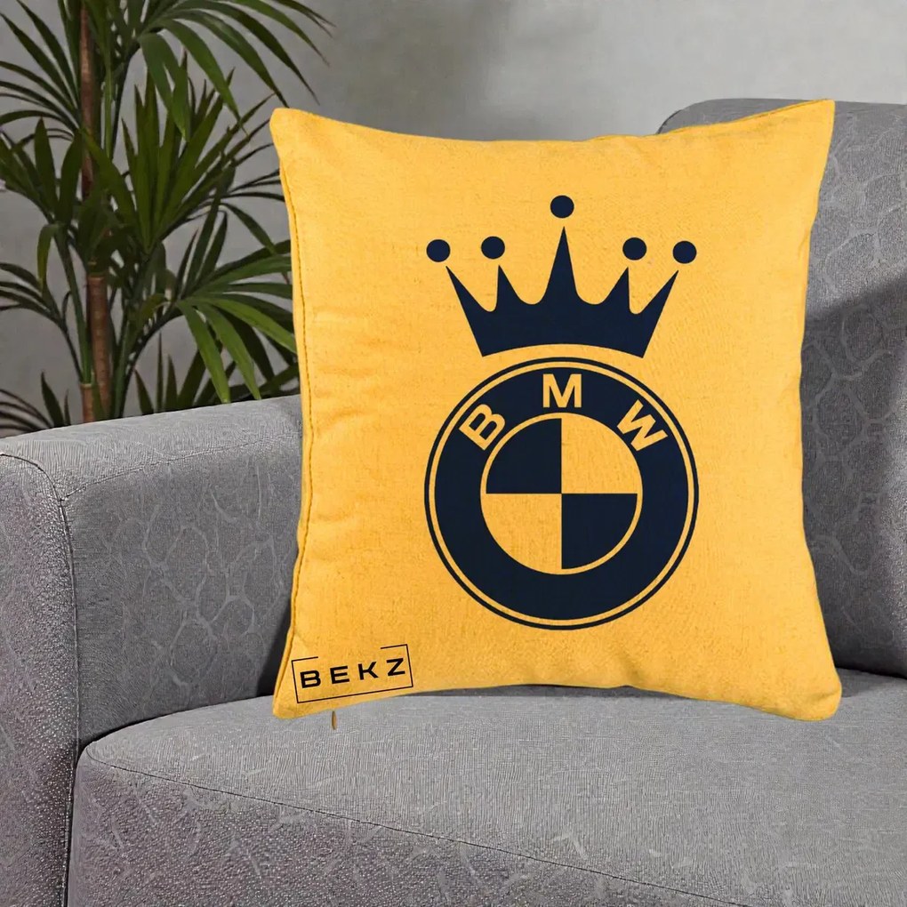 Perna Personalizata cu emblema BMW si Coroana, 40x40 cm, Galben, Husa Detasabila, Perna Inclusa, BEKZ®