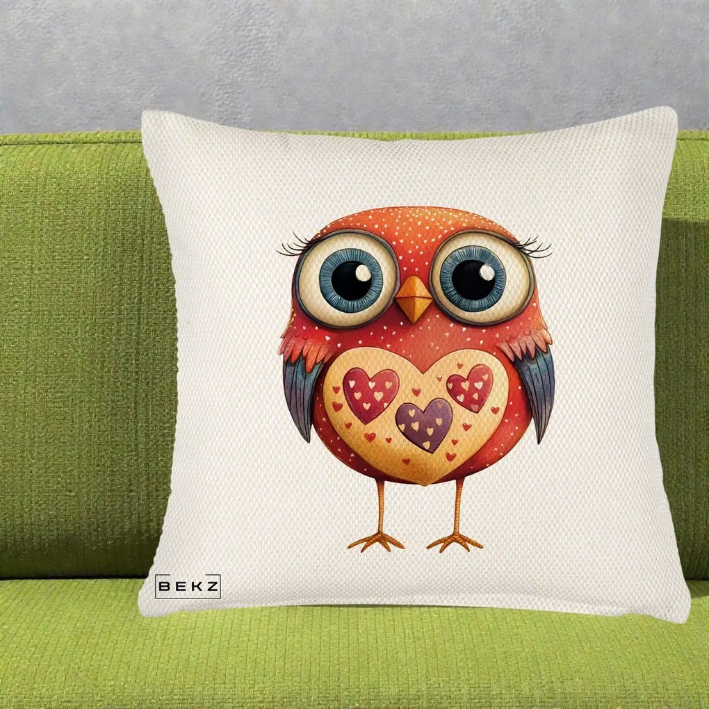 Perna Decorativa Bufnita Rosie cu Inimi Aurii, 40x40 cm, Crem Reliefat, Husa Detasabila, Perna Inclusa, BEKZ®