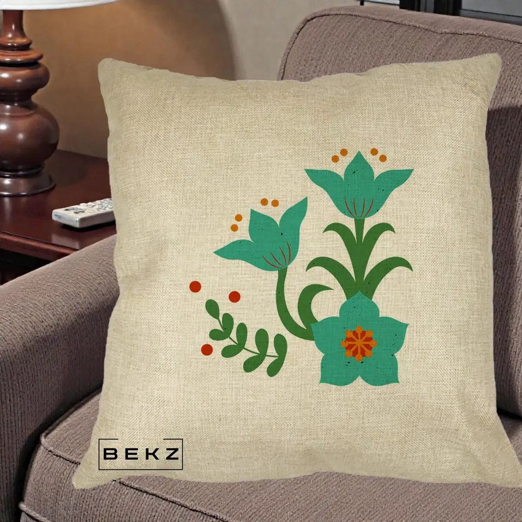 Perna Decorativa Flori Stilizate Folk Turcoaz, 40x40 cm, Crem, Husa Detasabila, Perna Inclusa, BEKZ®
