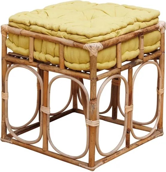 Taburet din ratan, galben, cu pernă capitonată din bumbac, 45 x 40 x 40 cm, „India”